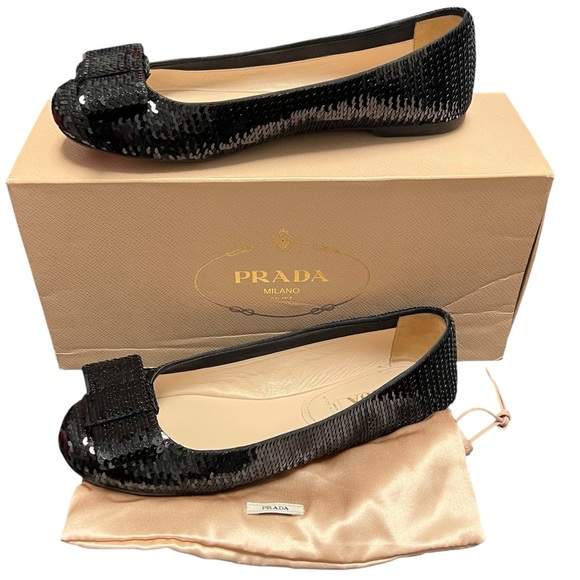 Prada Black Sequin Bow Flats - Picture 1 of 8